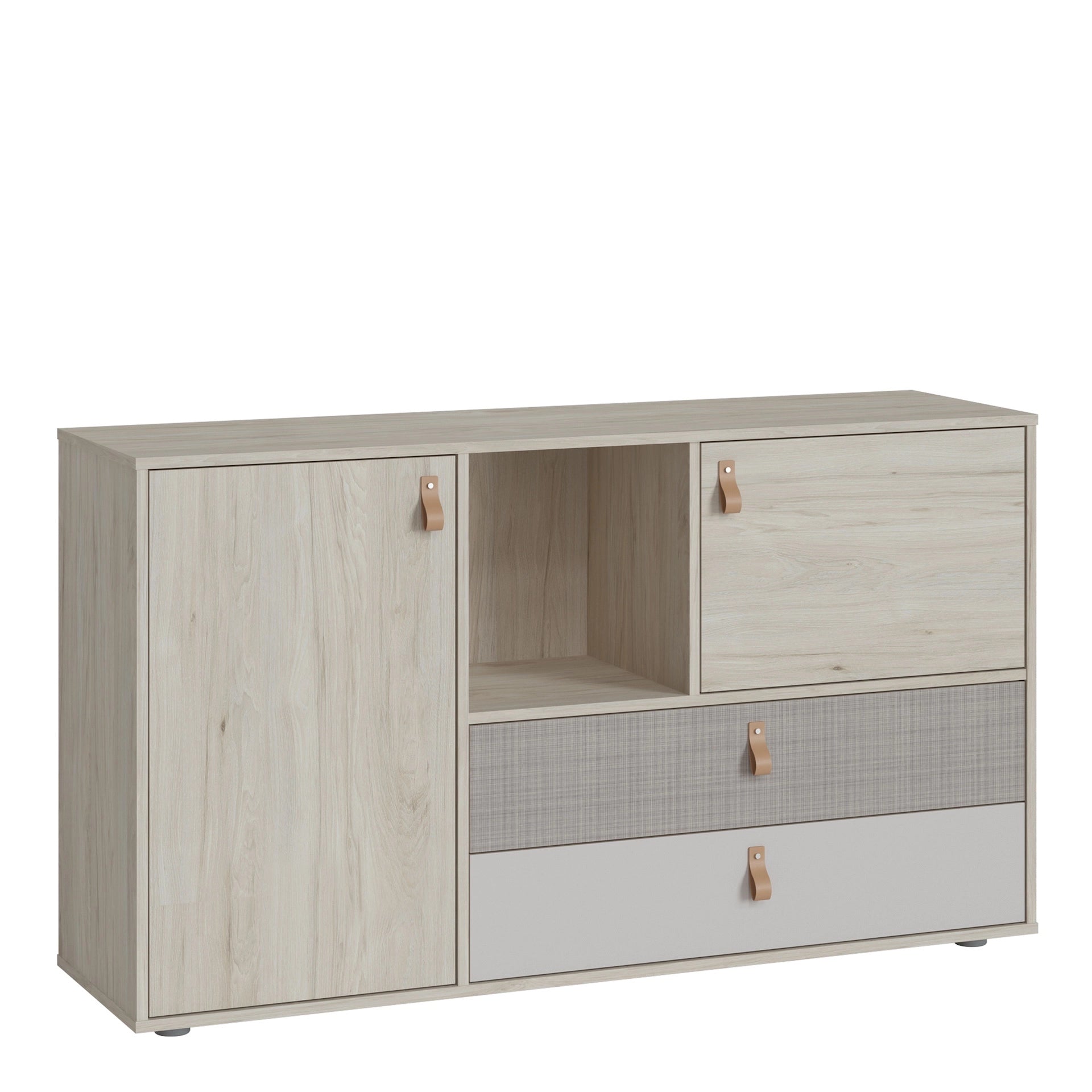 Furniture To Go Denim 2 Door 2 Drawer Sideboard in Light Walnut, Grey Fabric Effect & Cashmere