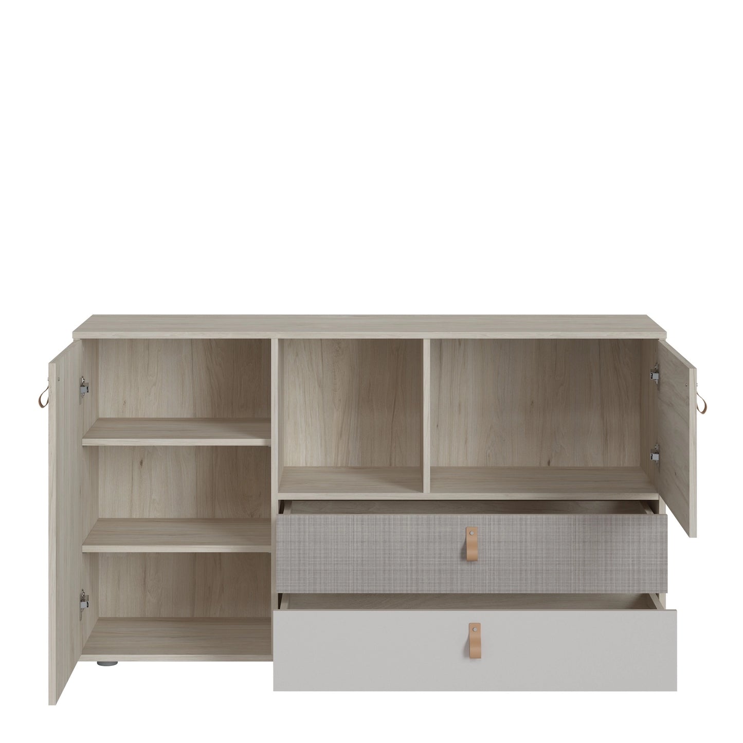 Furniture To Go Denim 2 Door 2 Drawer Sideboard in Light Walnut, Grey Fabric Effect & Cashmere