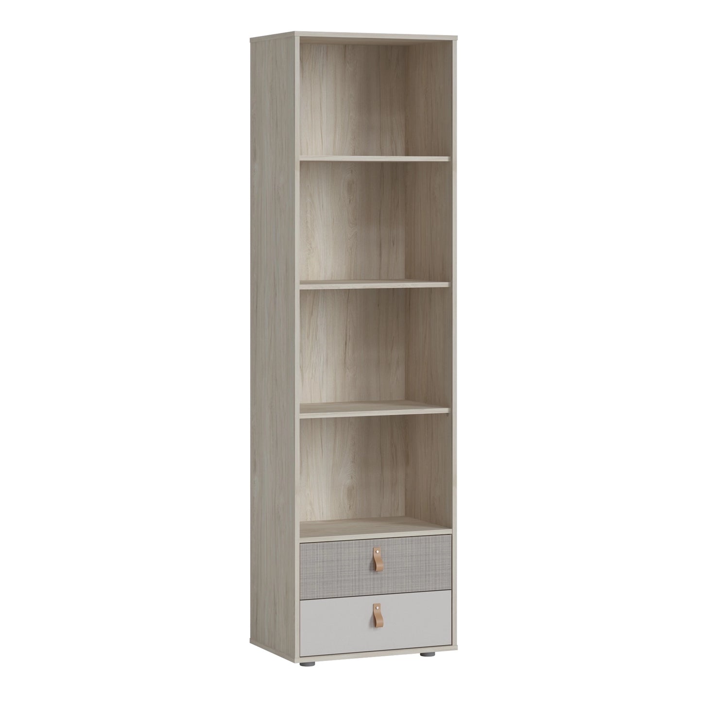 Furniture To Go Denim 2 Drawer Bookcase in Light Walnut, Grey Fabric Effect & Cashmere