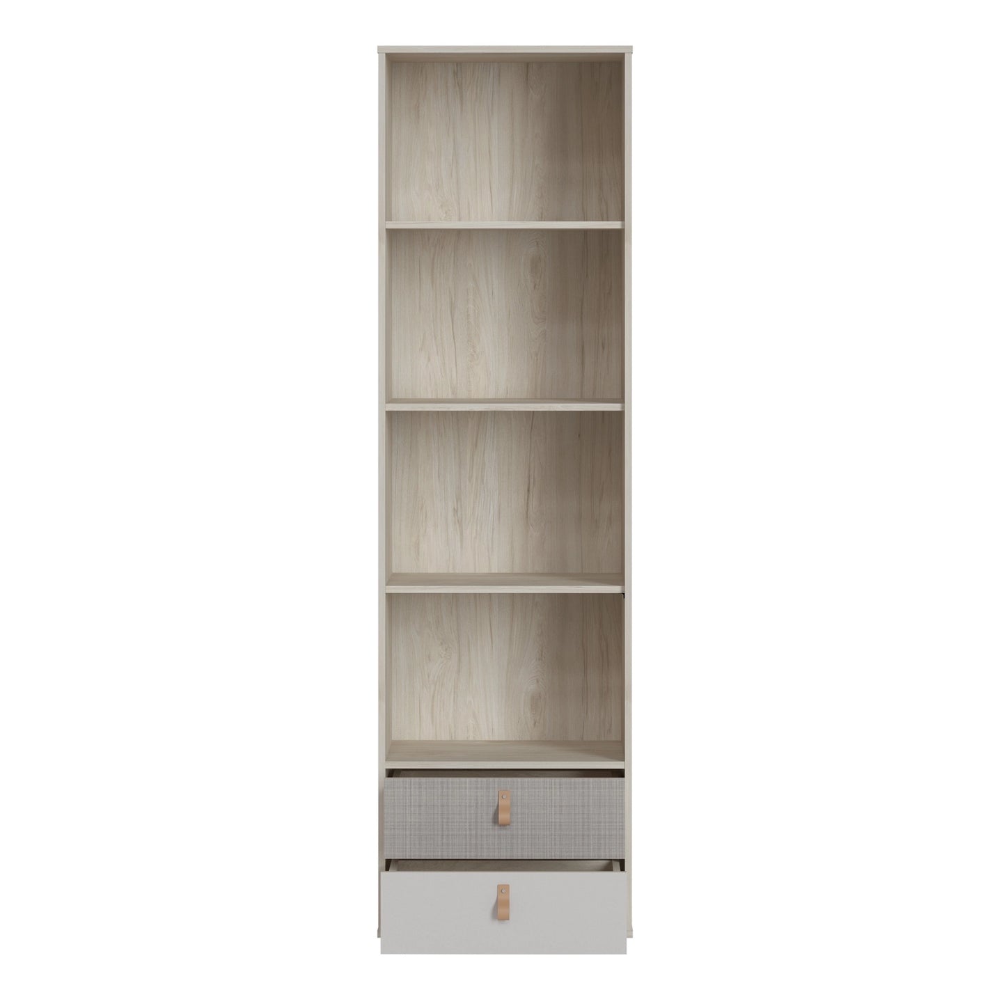 Furniture To Go Denim 2 Drawer Bookcase in Light Walnut, Grey Fabric Effect & Cashmere