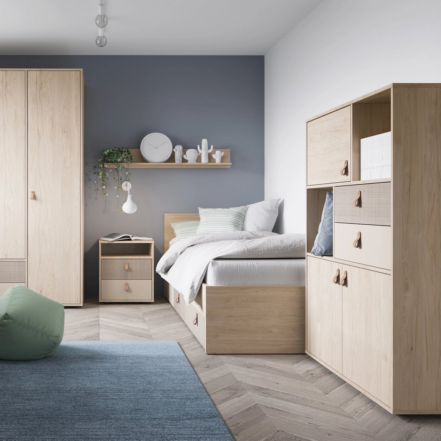 Furniture To Go Denim 2 Drawer Bedside Cabinet in Light Walnut, Grey Fabric Effect & Cashmere