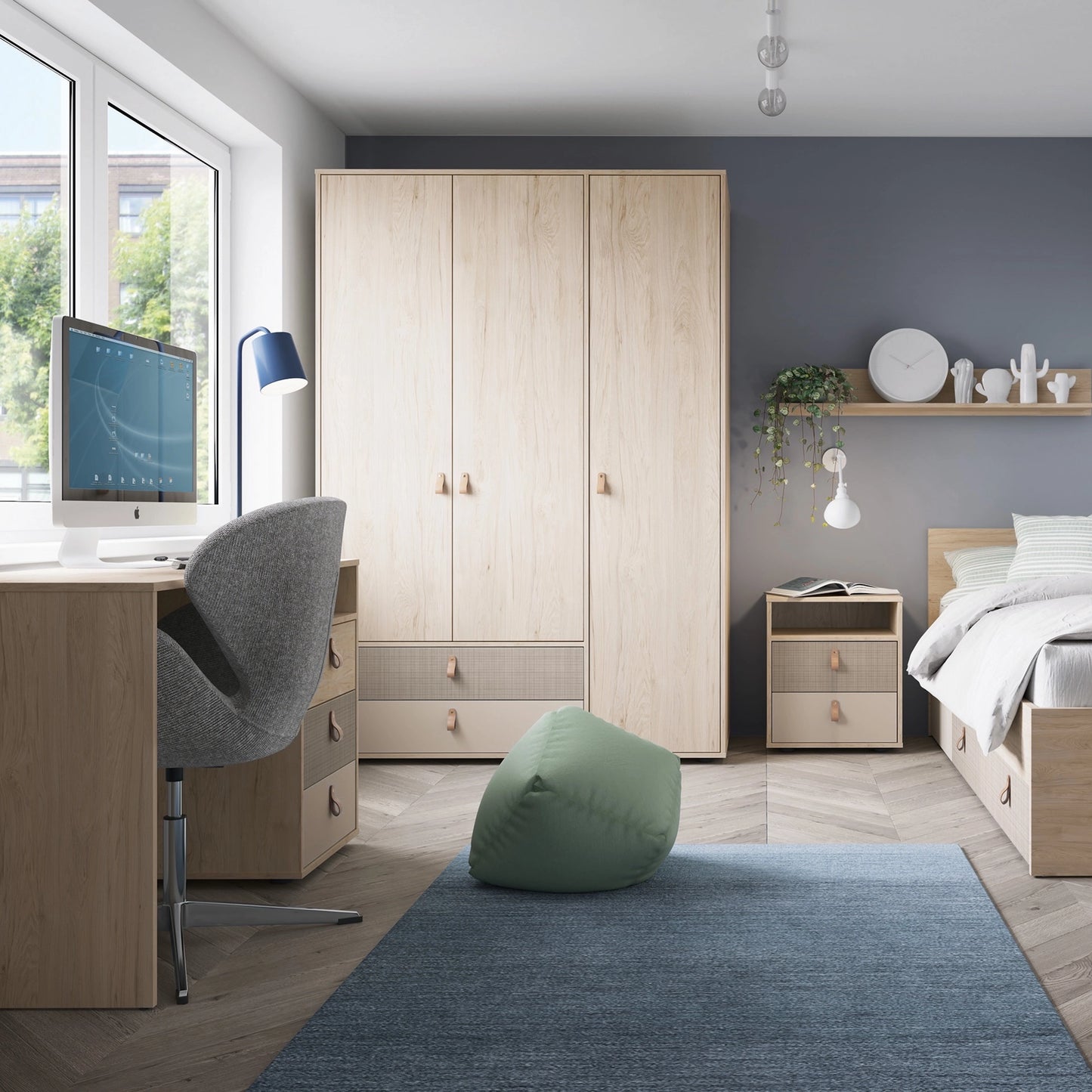 Furniture To Go Denim 2 Drawer Bedside Cabinet in Light Walnut, Grey Fabric Effect & Cashmere