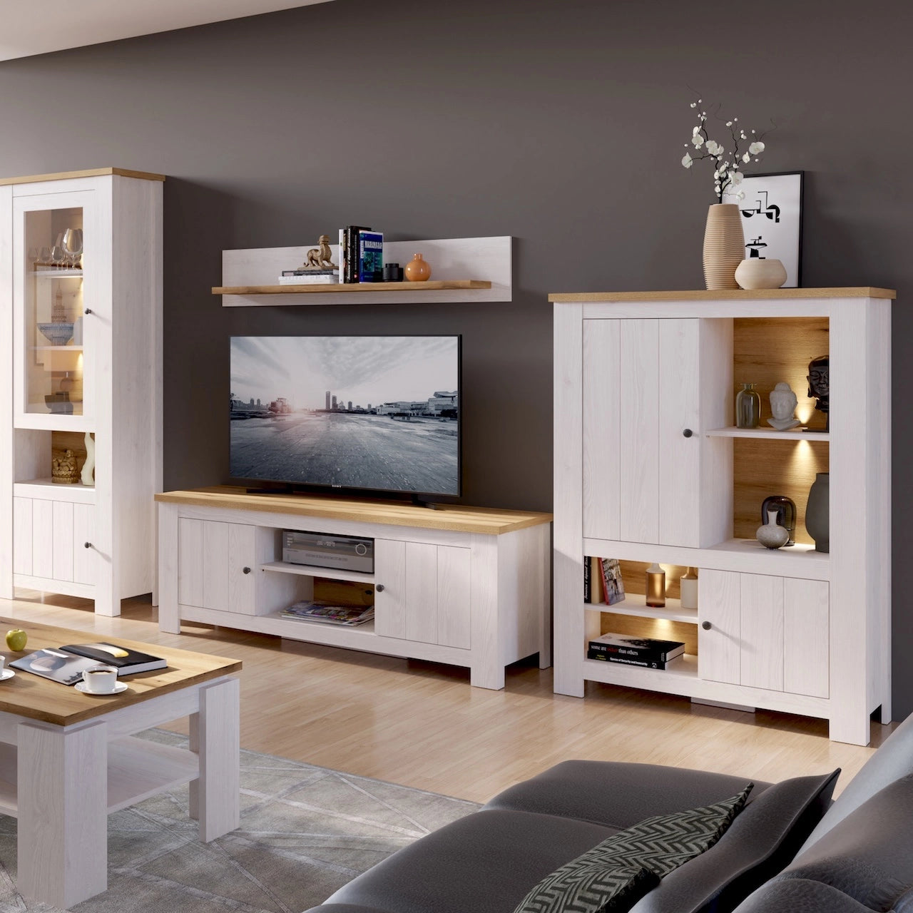 Furniture To Go Celesto 2 Door 4 Shelves Cabinet in White & Oak