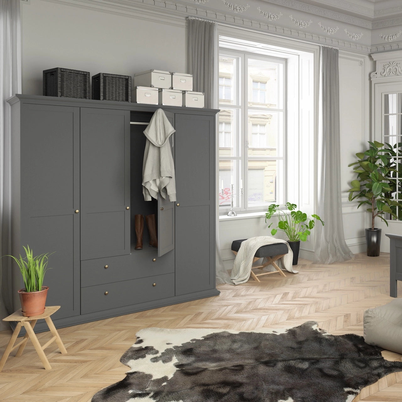 Furniture To Go Paris Wardrobe with 4 Doors & 2 Drawers in Matt Grey