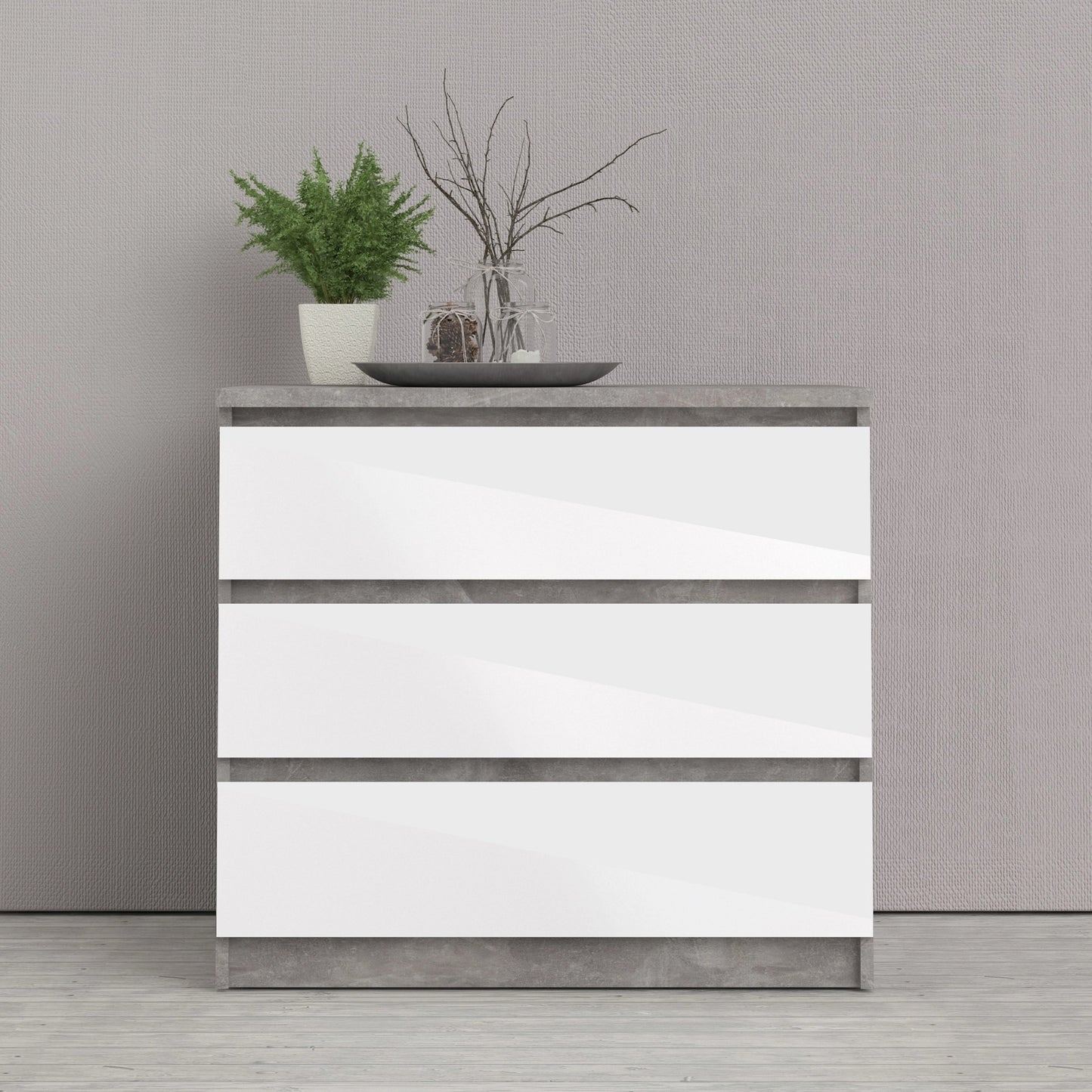 Furniture To Go Naia Chest of 3 Drawers in Concrete & White High Gloss
