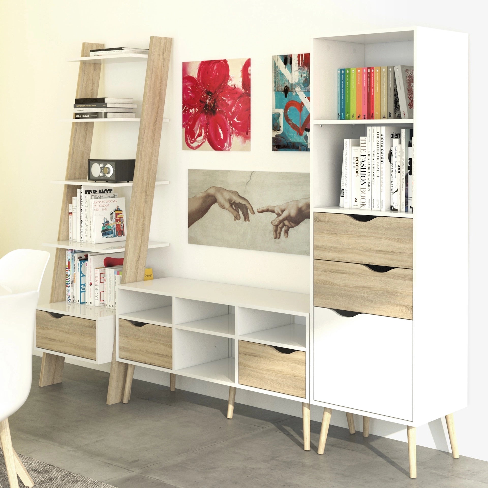 Furniture To Go Oslo Leaning Bookcase 1 Drawer in White & Oak