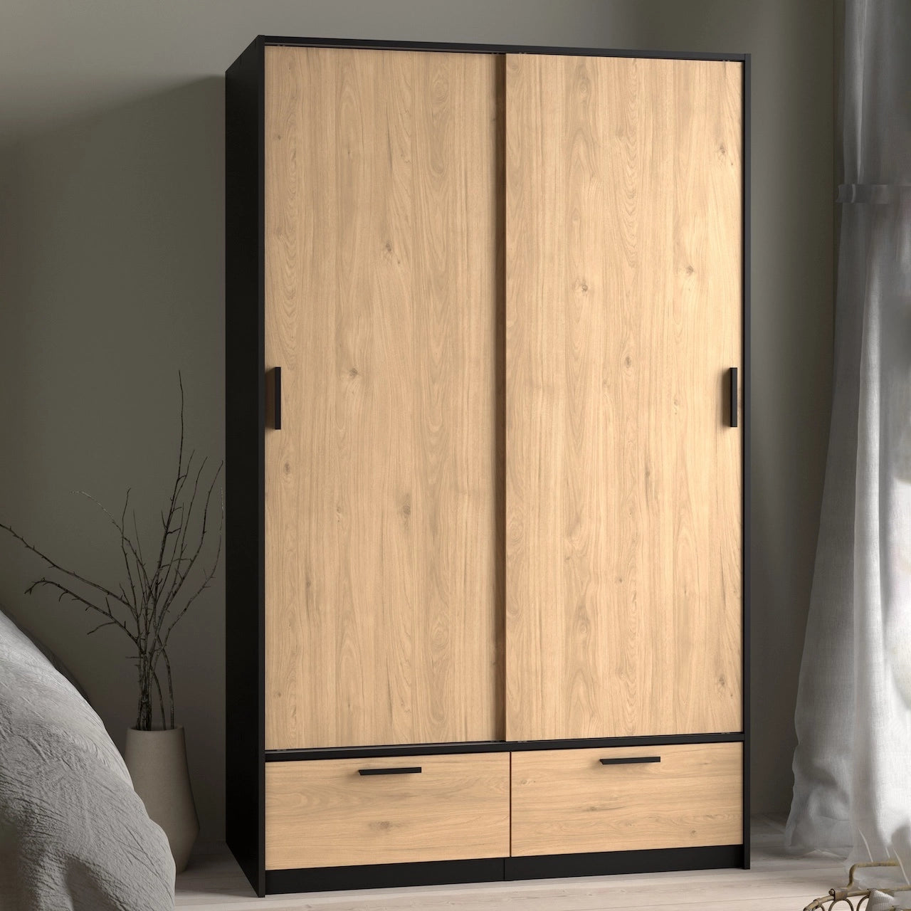 Furniture To Go Line Wardrobe with 2 Doors + 2 Drawers in Black & Jackson Hickory Oak