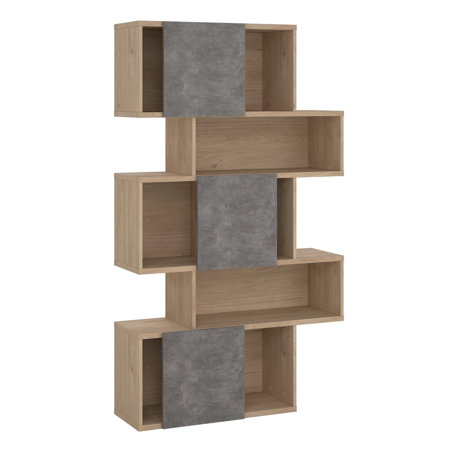 Furniture To Go Maze Asymmetrical Bookcase with 3 Doors in Jackson Hickory & Concrete