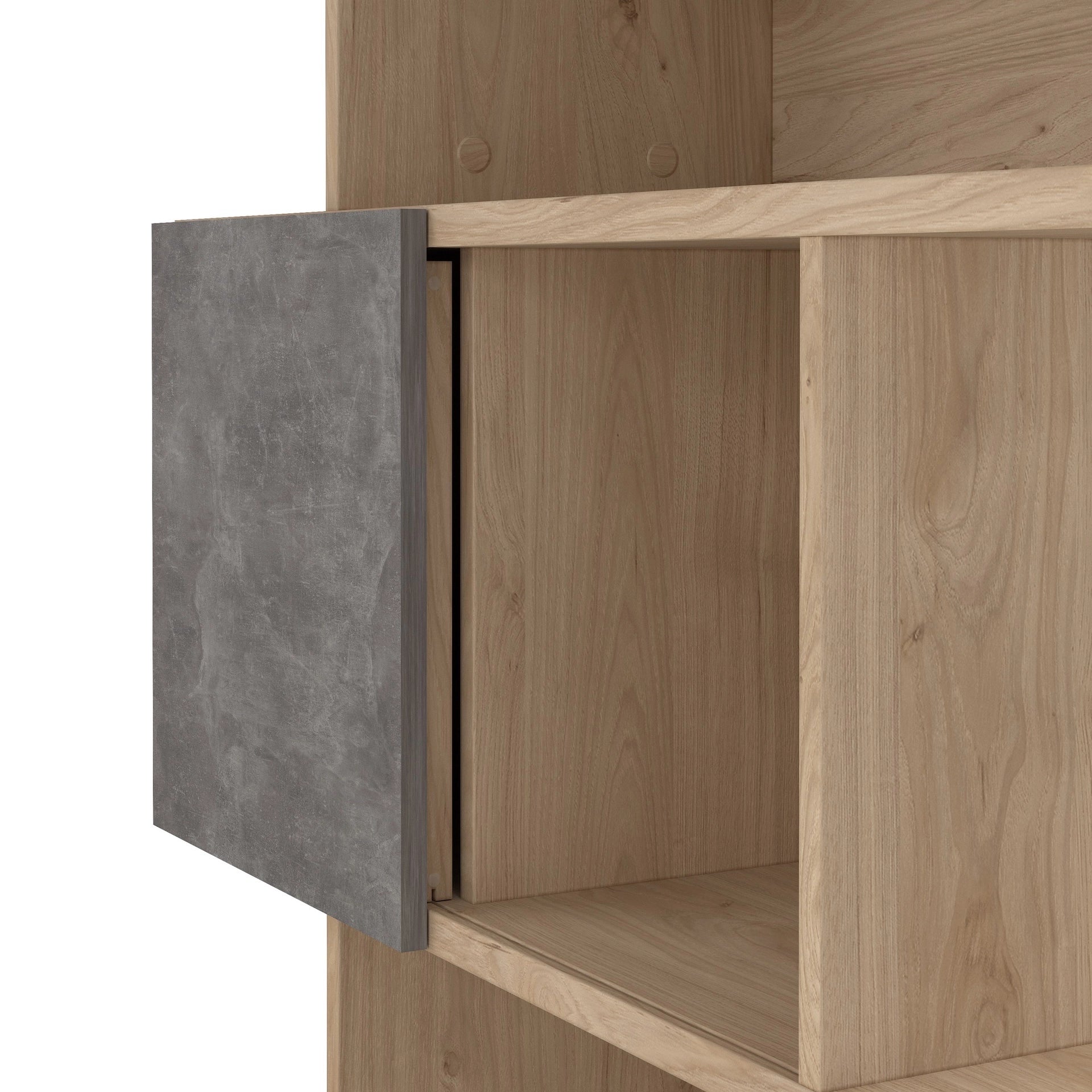 Furniture To Go Maze Asymmetrical Bookcase with 3 Doors in Jackson Hickory & Concrete