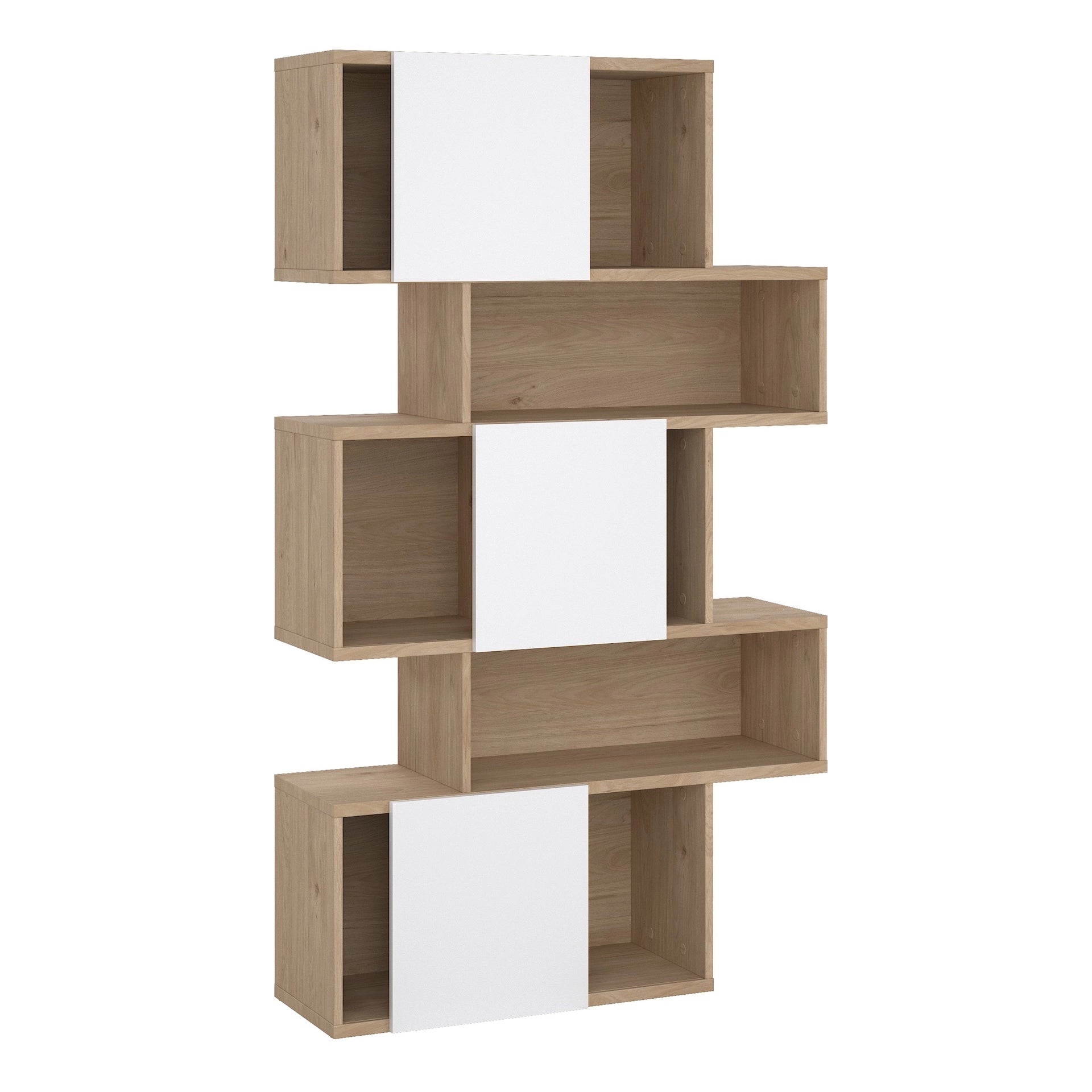 Furniture To Go Maze Asymmetrical Bookcase with 3 Doors in Jackson Hickory & White High Gloss