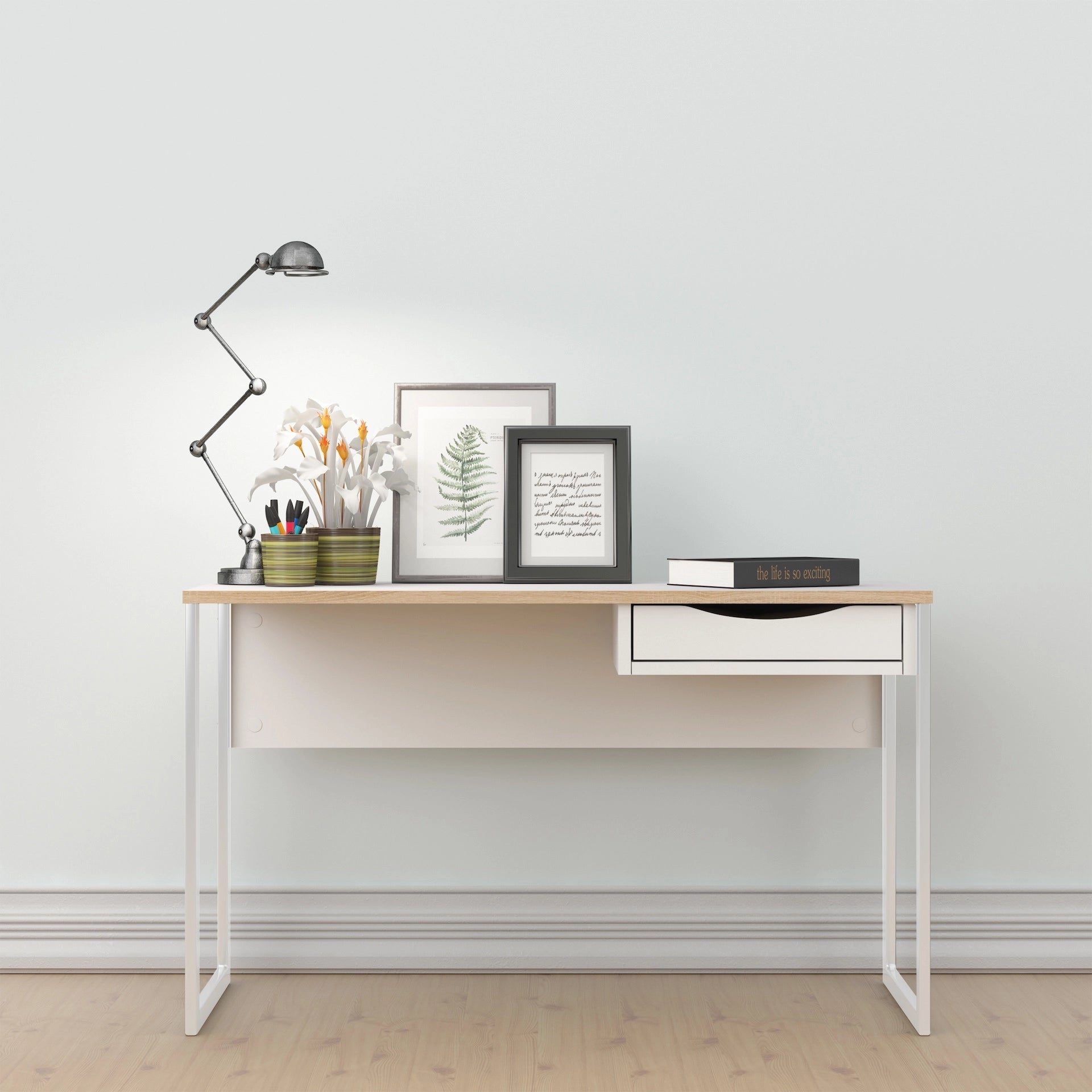 Furniture To Go Function Plus Desk 1 Drawer Wide in White with Oak Trim