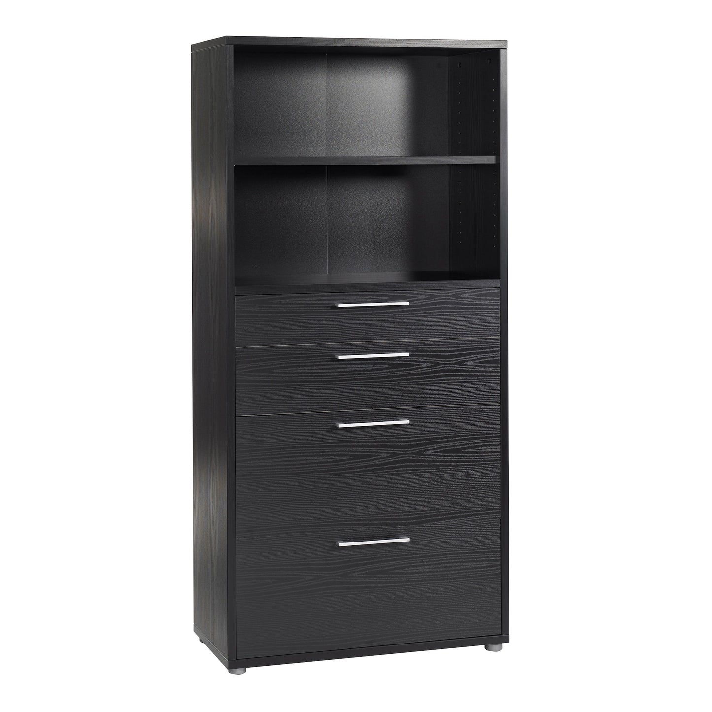 Furniture To Go Prima Bookcase 1 Shelf with 2 Drawers + 2 File Drawers in Black Woodgrain
