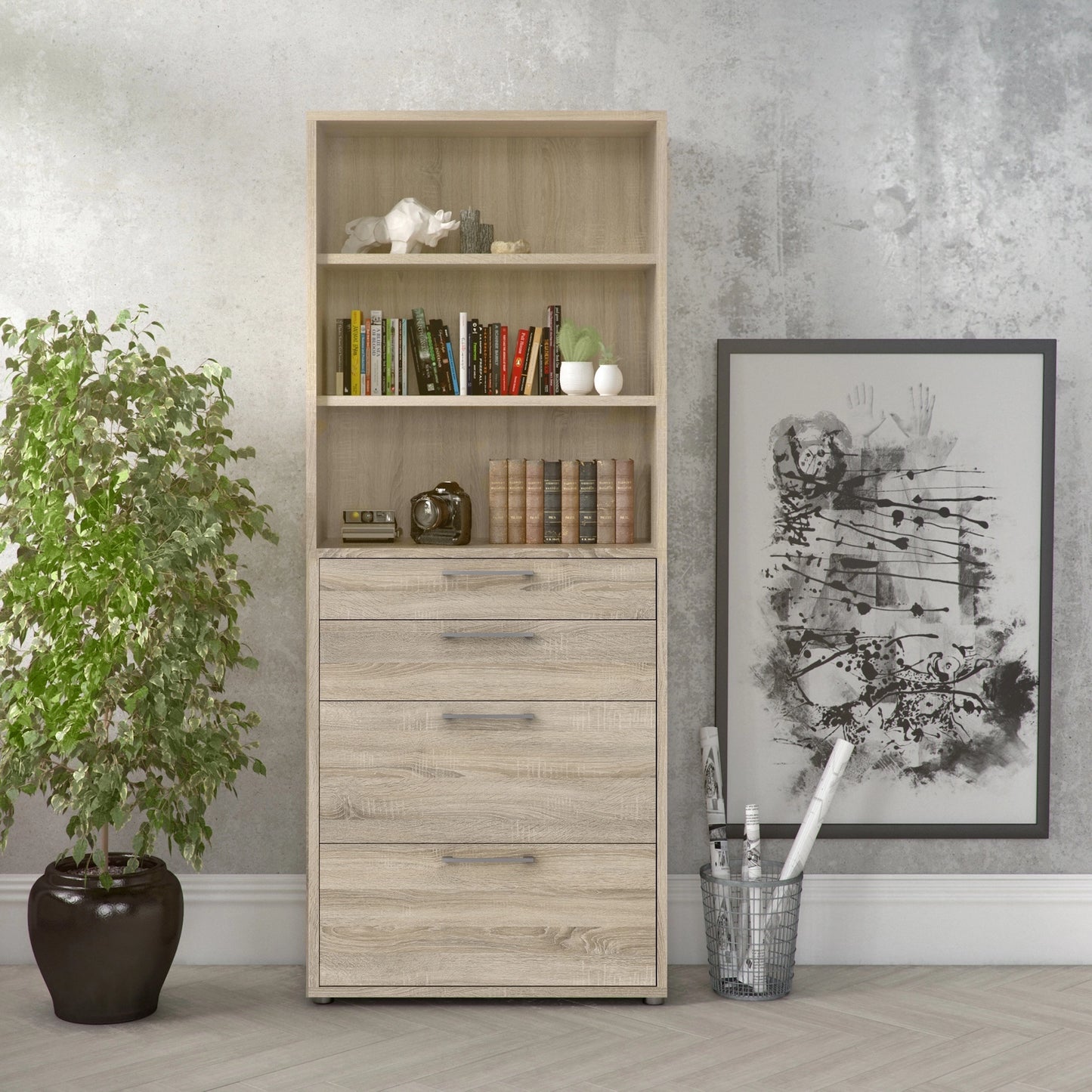 Furniture To Go Prima Bookcase 2 Shelves with 2 Drawers + 2 File Drawers in Oak