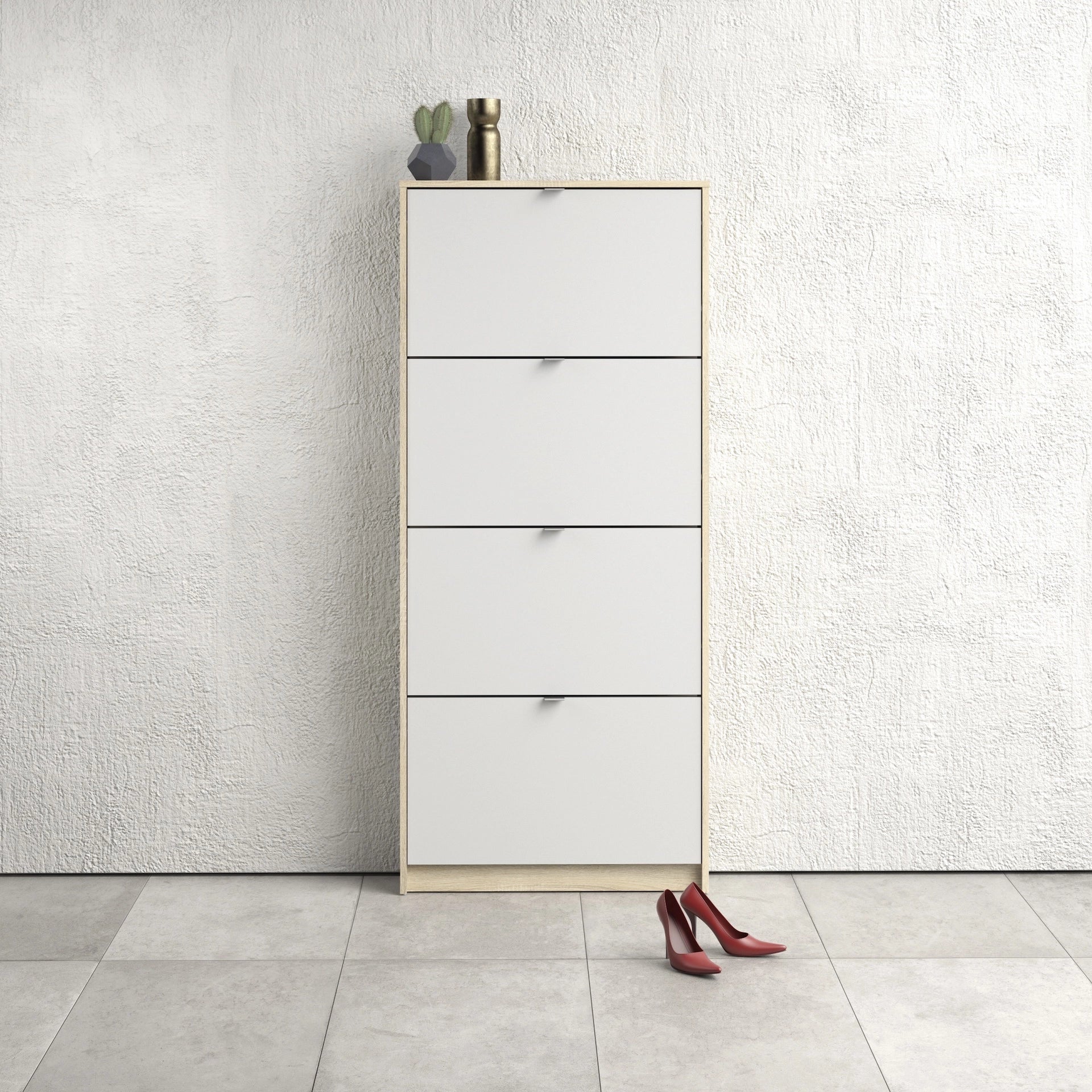 Furniture To Go Shoes Shoe Cabinet W. 4 Tilting Doors & 1 Layer Oak Structure White
