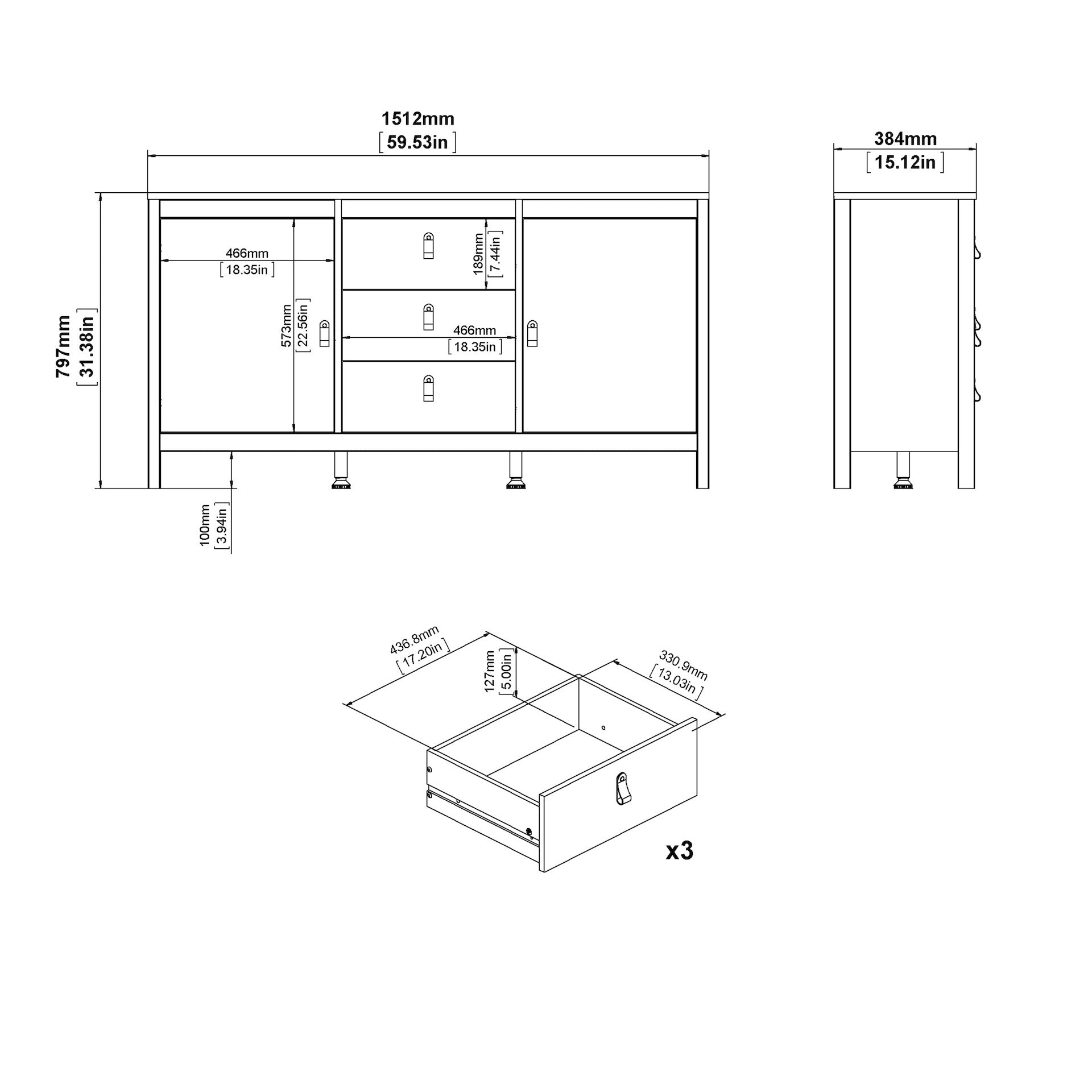 Furniture To Go Madrid Sideboard 2 Doors + 3 Drawers in Matt Black