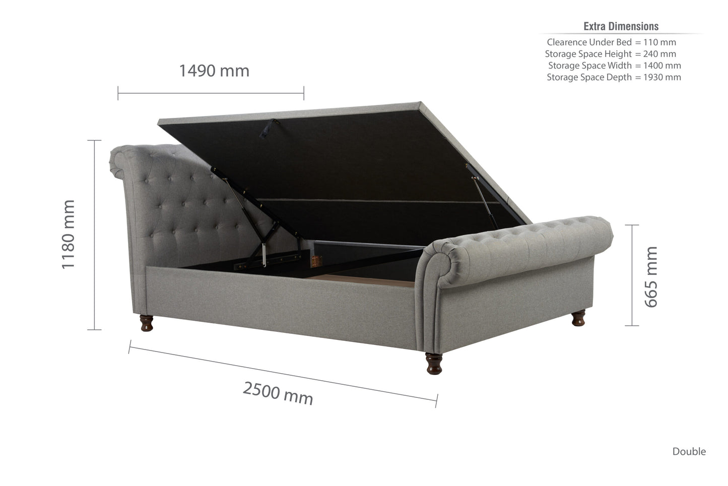 Birlea Castello Side Ottoman 4ft 6in Double Bed Frame, Grey