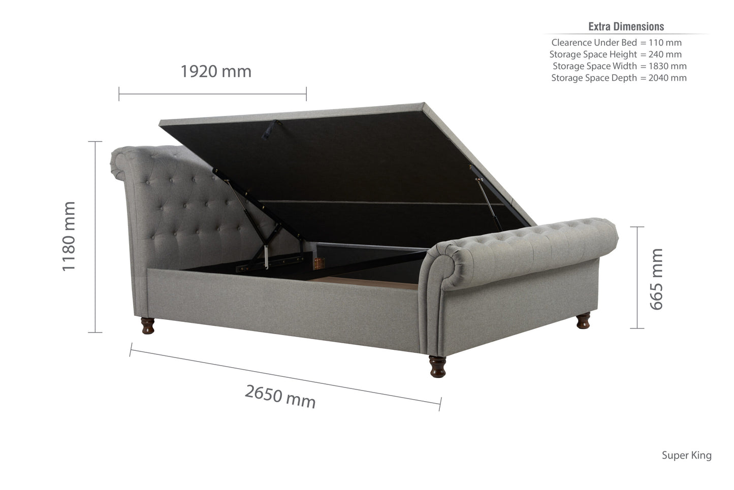 Birlea Castello Side Ottoman 6ft Super Kingsize Bed Frame, Grey
