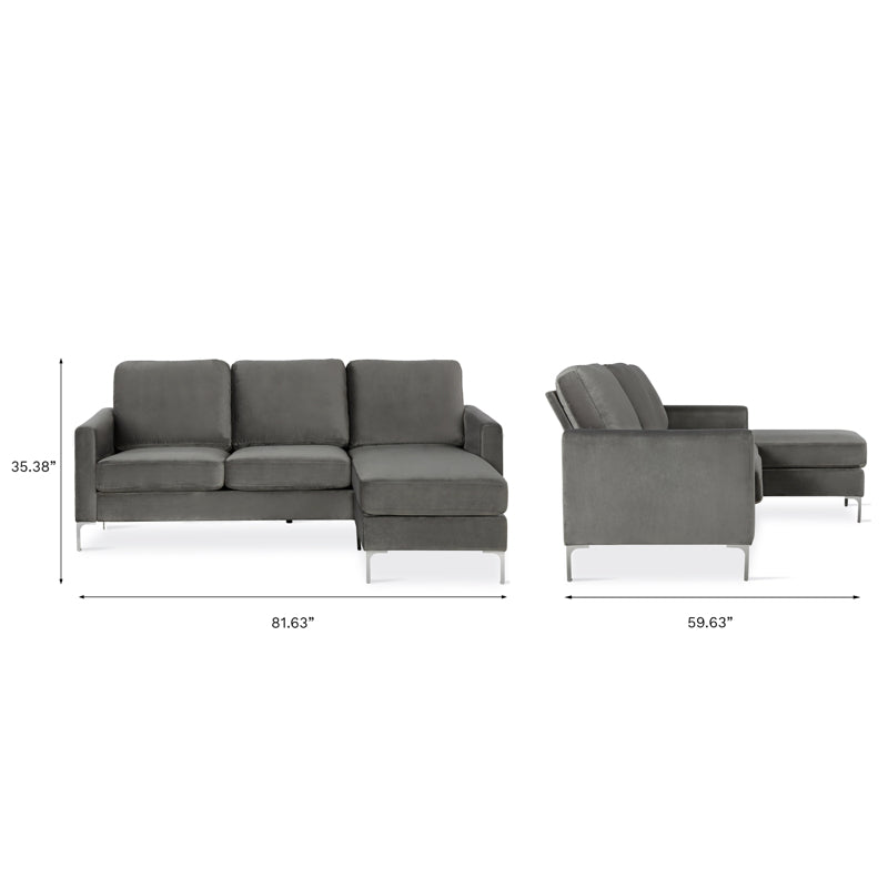 Dorel Chapman Velvet Sectional Sofa With Chrome Legs, Grey