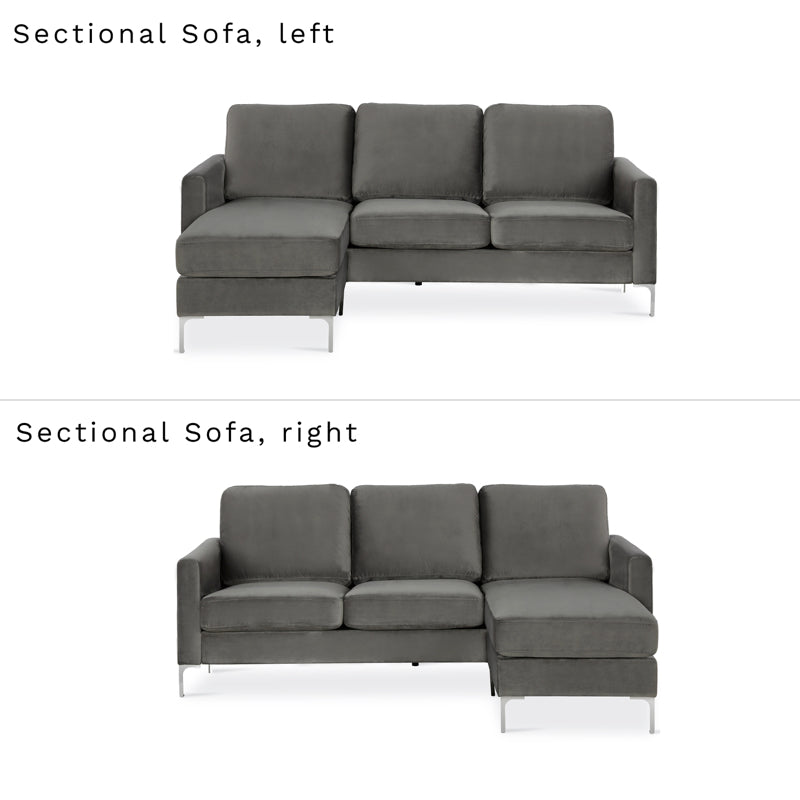 Dorel Chapman Velvet Sectional Sofa With Chrome Legs, Grey