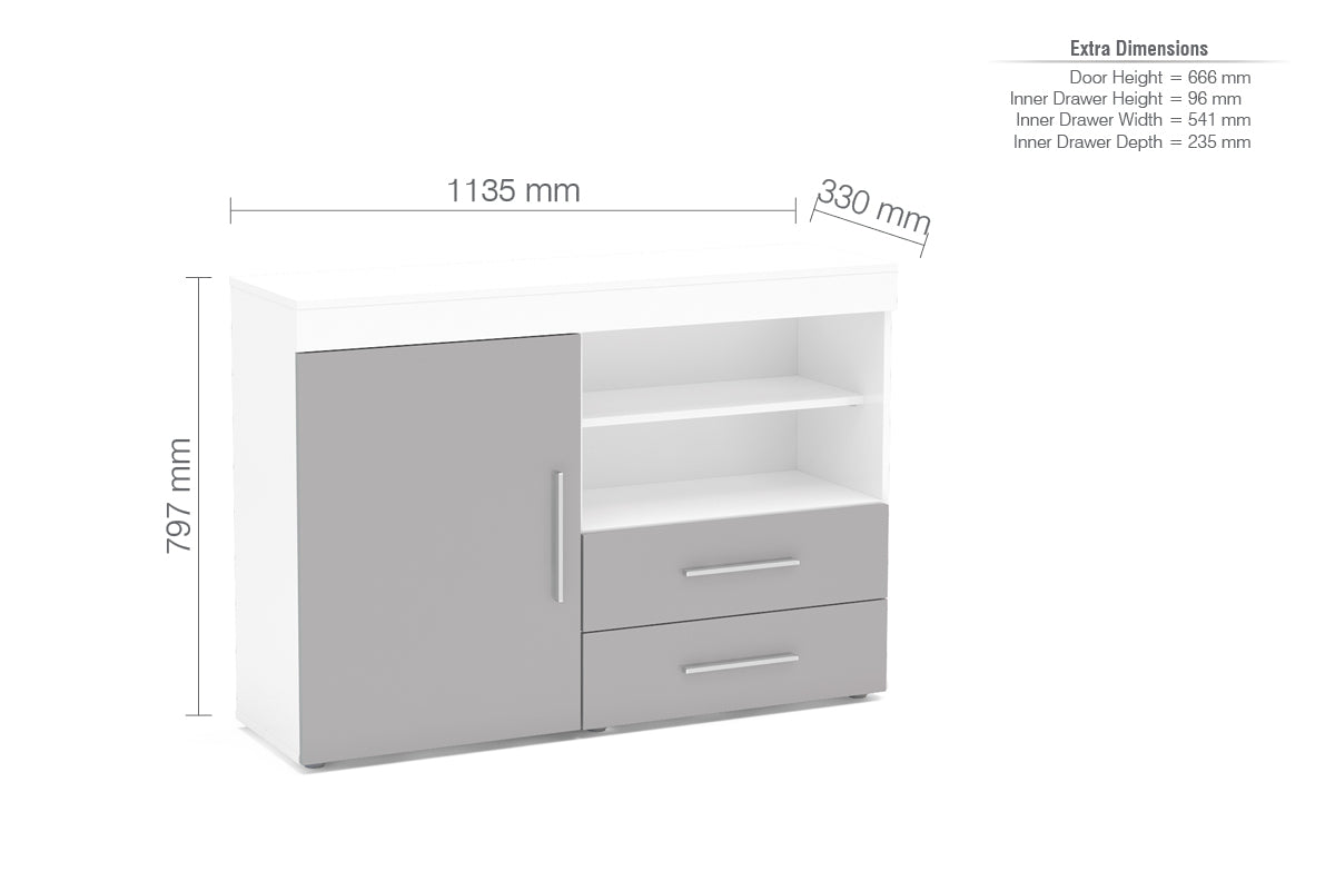 Birlea Edgeware 1 Door 2 Drawer Sideboard, White & Grey