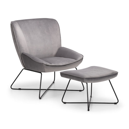 Julian Bowen Mila Velvet Accent Chair With Stool in Grey Velvet