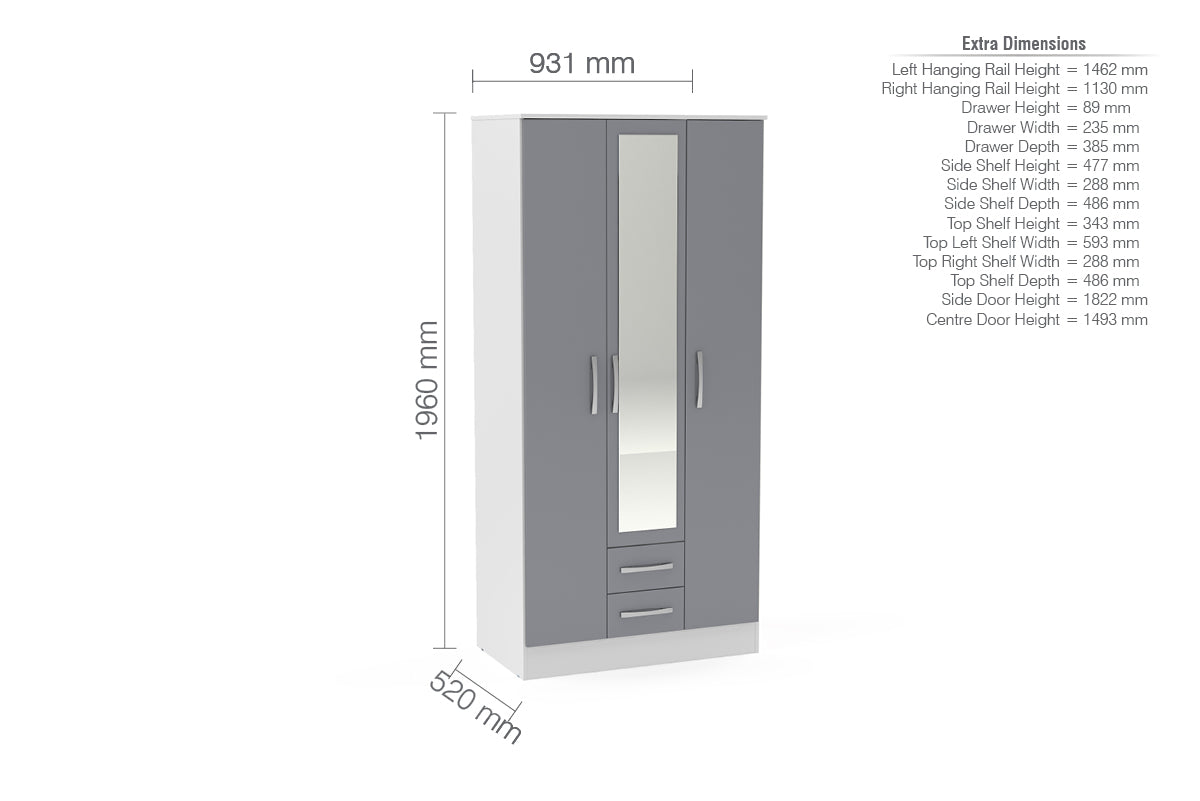 Birlea Lynx 3 Door 2 Drawer With Mirror, White & Grey